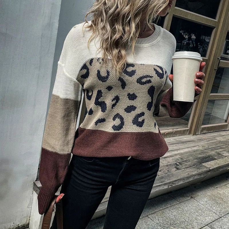 Perfee Leopard Color Block Ribbed Trim Tunic Sweater