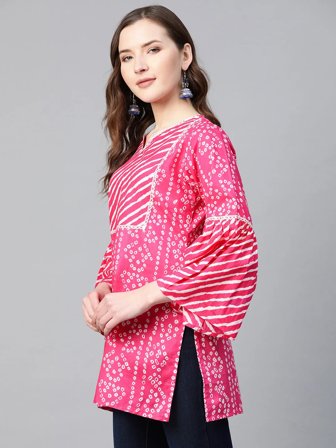 Pink & White Cotton Bandhani Print Tunic