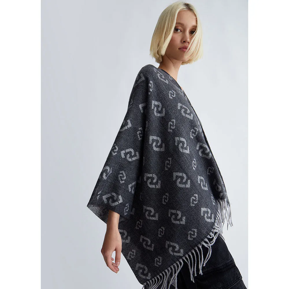 Poncho Donna LIU JO in Tessuto Garzato con Logo Jacquard All Over Nero