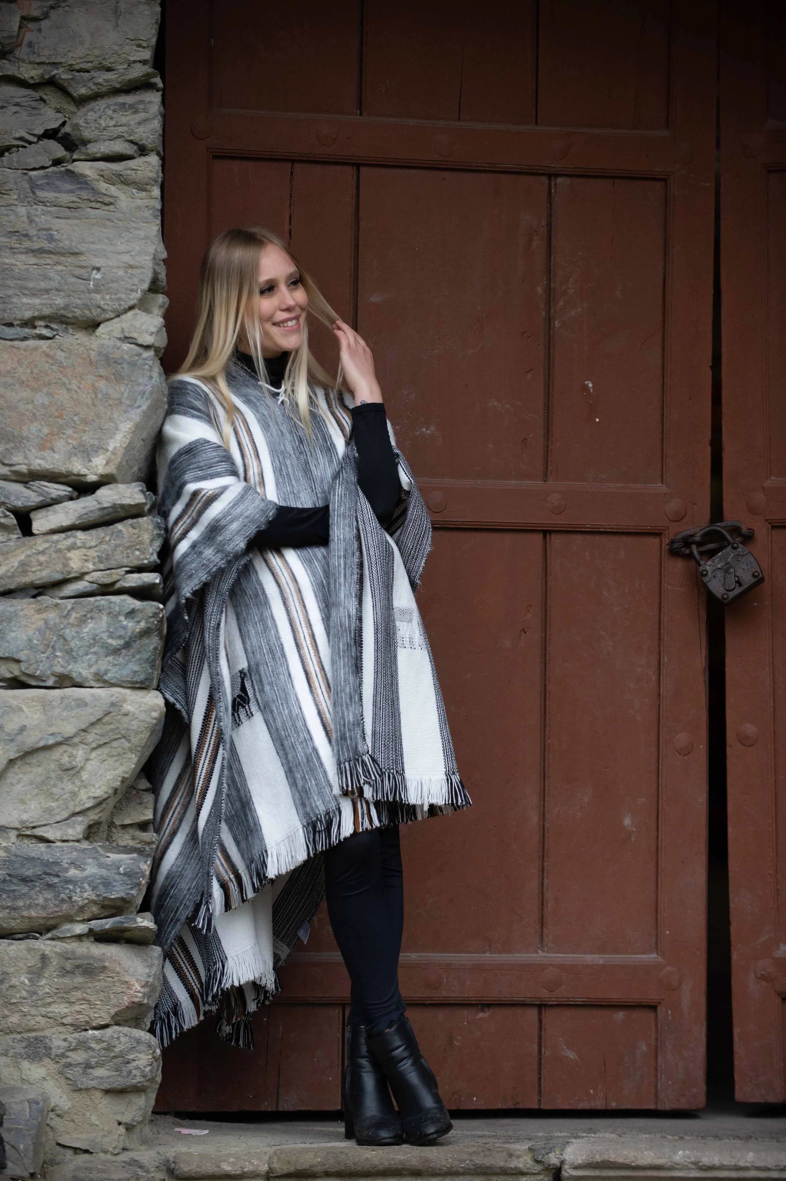 Rustic Hooded Alpaca Poncho for Women