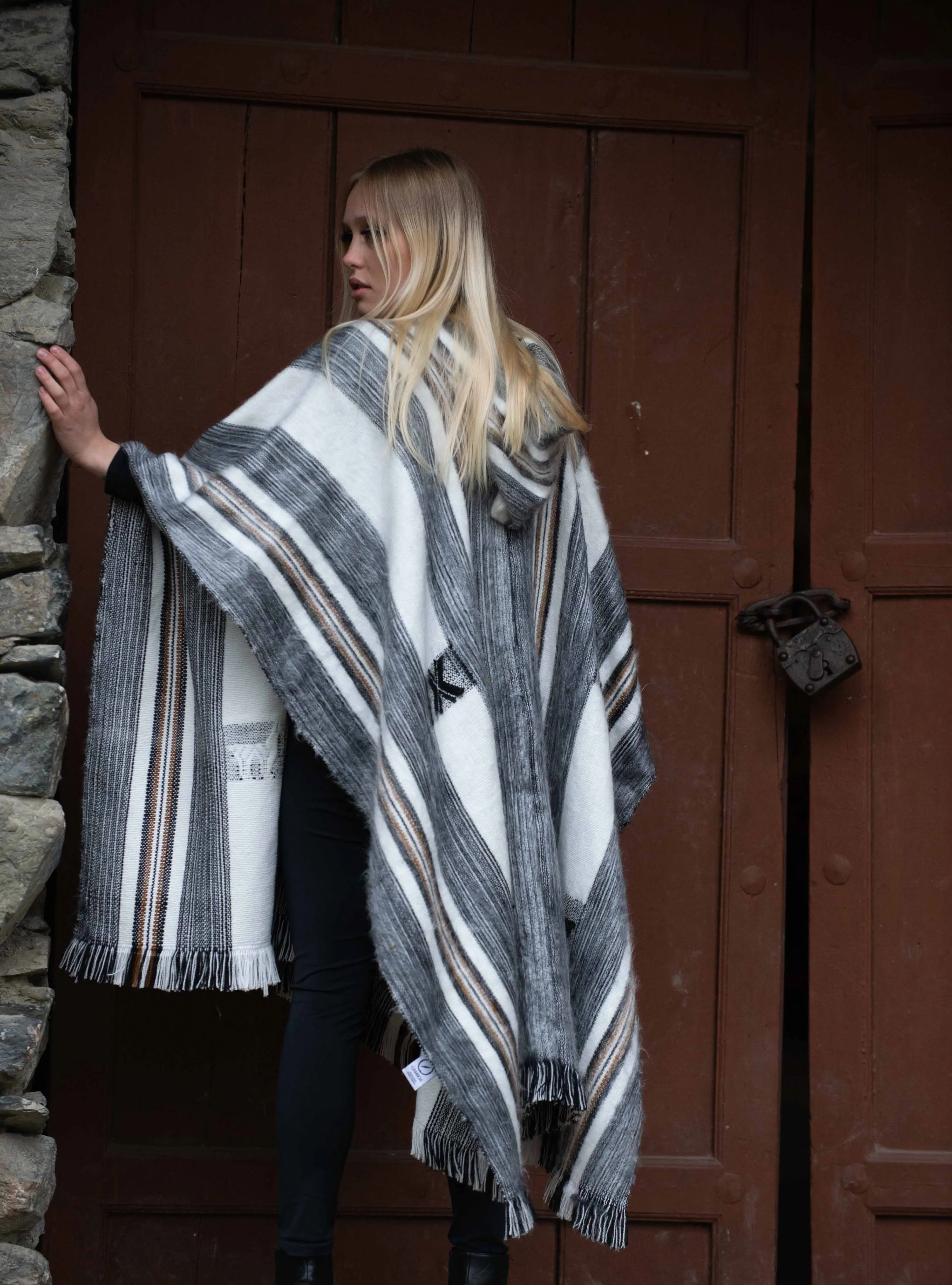 Rustic Hooded Alpaca Poncho for Women