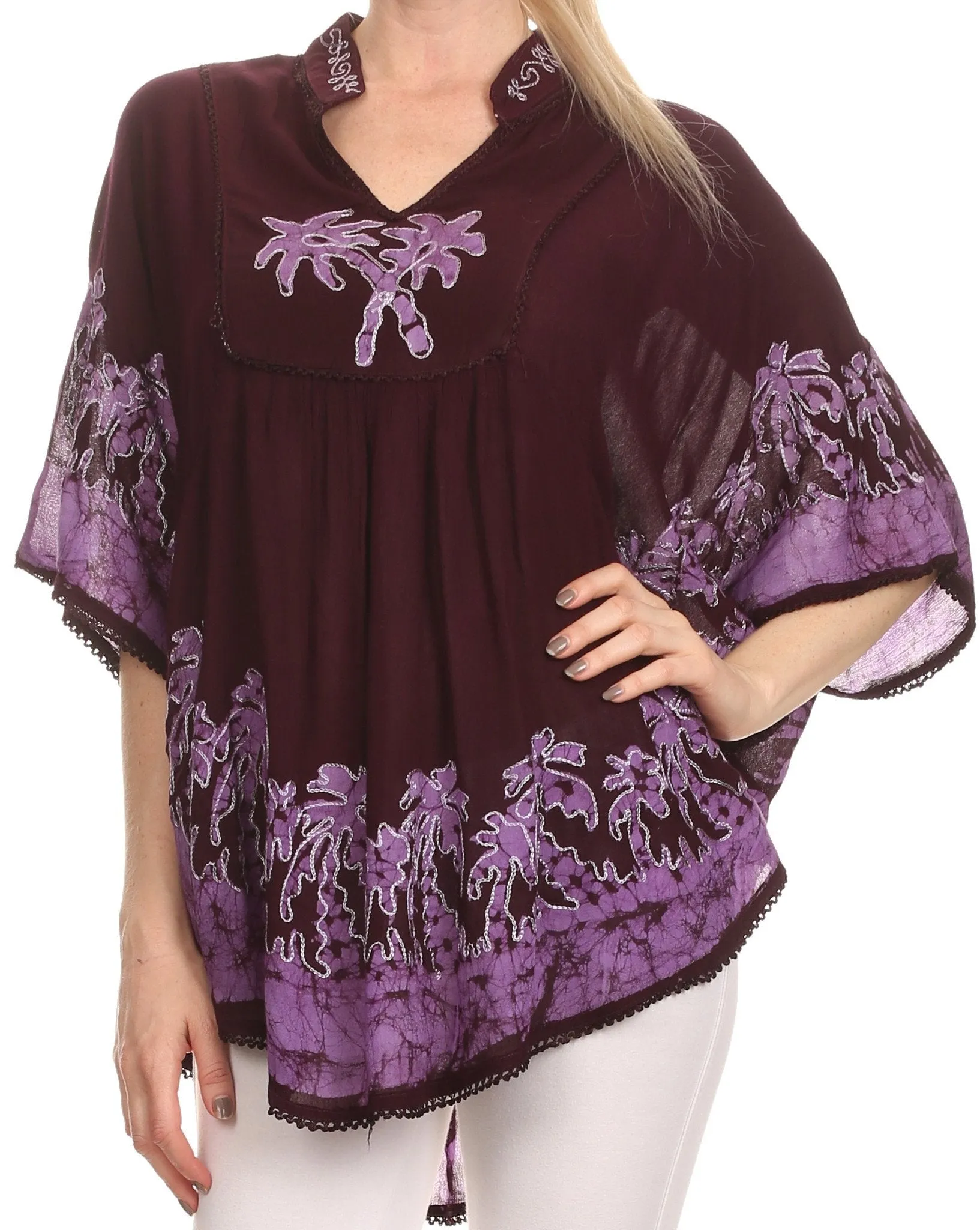 Sakkas Kevitas Long Embroiderd Palm Tree Tie Dye Tunic Blouse Shirt Poncho Top