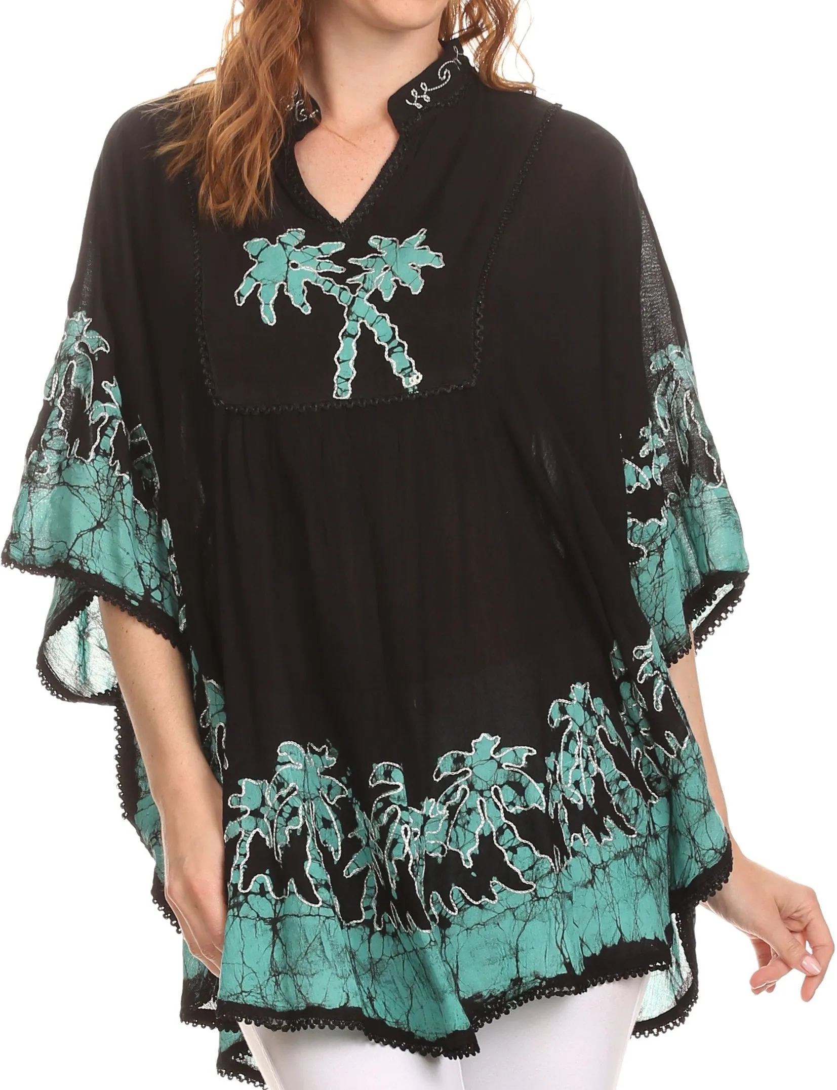 Sakkas Kevitas Long Embroiderd Palm Tree Tie Dye Tunic Blouse Shirt Poncho Top