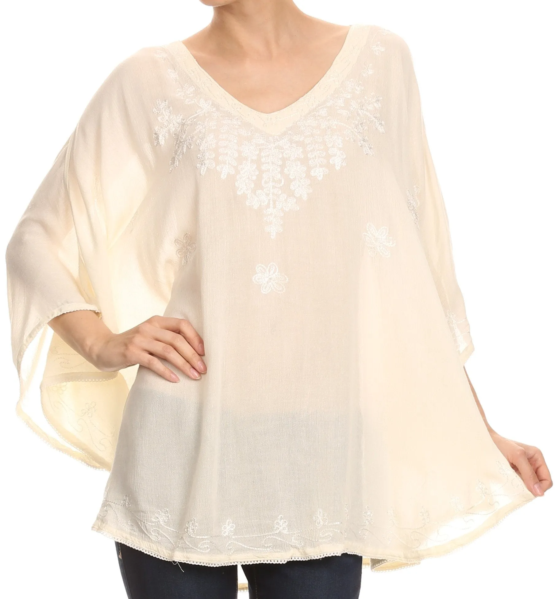 Sakkas Valeray Nature Floral Embroidered Wide Long Poncho Tunic Blouse Shirt Top