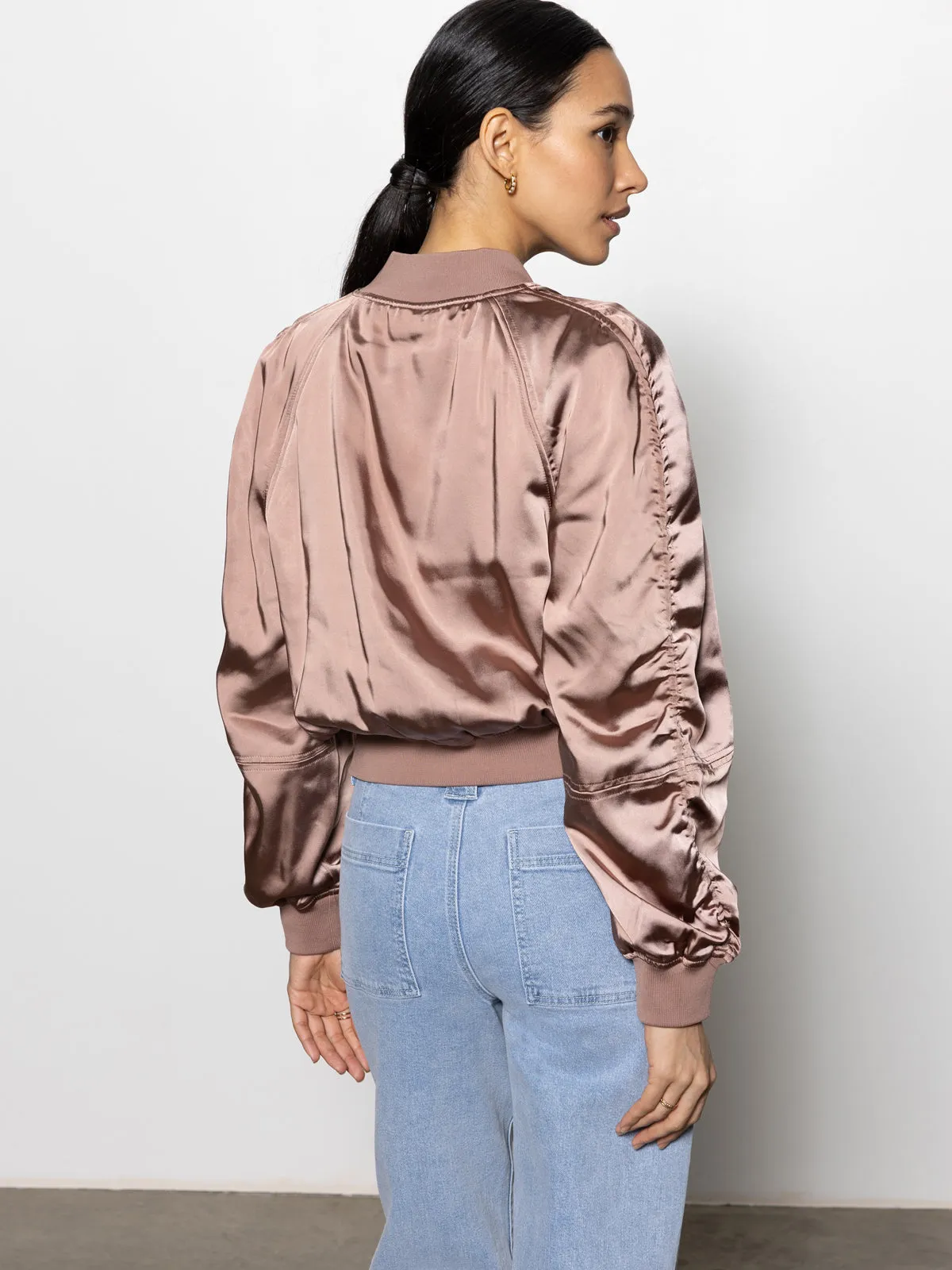 Satin Ruched Bomber Jacket Rose Gold