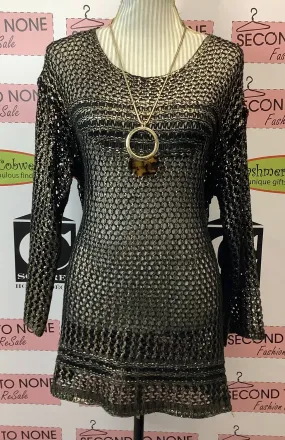 Shimmering Gold   Black Mesh Tunic Top (Size L)