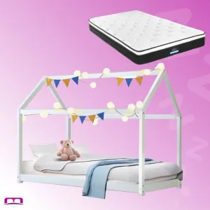 Single Package | Kids Casa Wooden Bed Frame White & Bonita Pillow Top Mattress (Medium Firm)