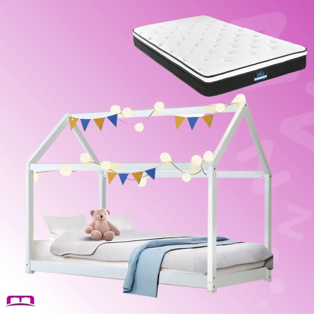 Single Package | Kids Casa Wooden Bed Frame White & Bonita Pillow Top Mattress (Medium Firm)