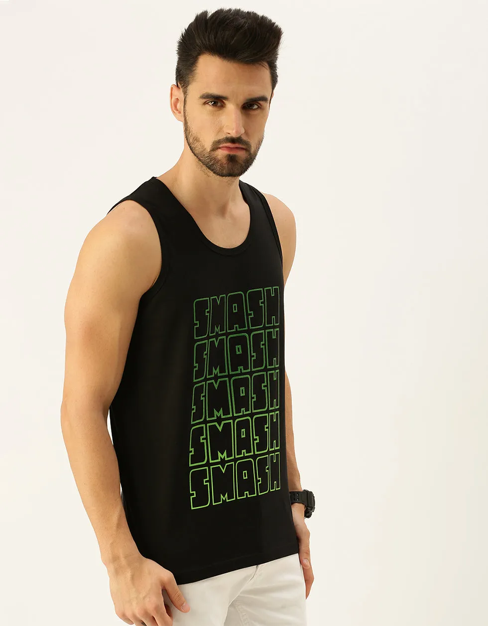 Smash Black Regular Fit Front Typography Printed Vest