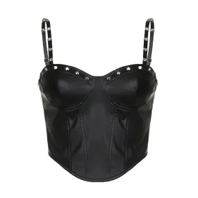 Strap Black Fashion Rivet Corset Top Club Party Gothic Punk Camisole Short PU Leather Tops for Women Hot Zipper Tanks