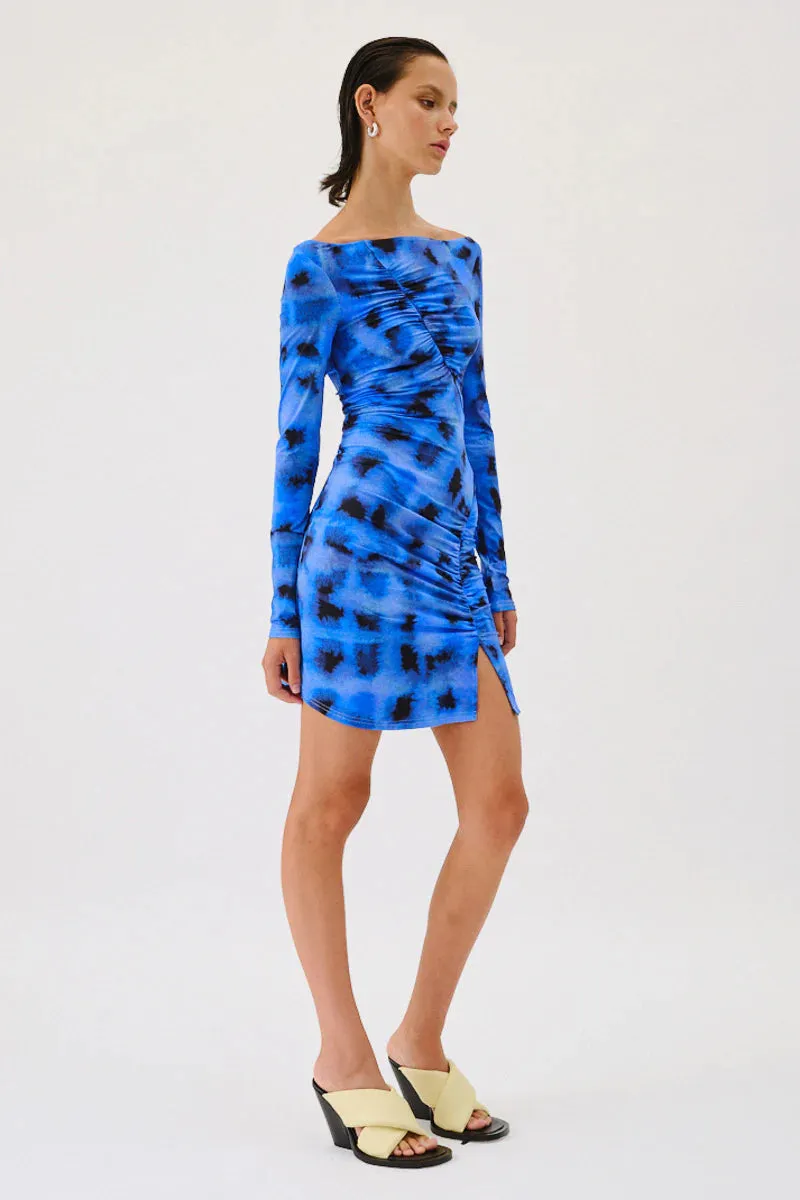 Suboo Shibori Long Sleeve Off Shoulder Tunic Dress - Blue Print