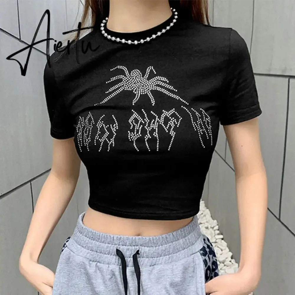 Summer Tank Tops Punk Vintage Rhinestone Spider Graphic Black Vest Gothic Style O-neck Short Sleeve Crop Top Women Slim Tanks