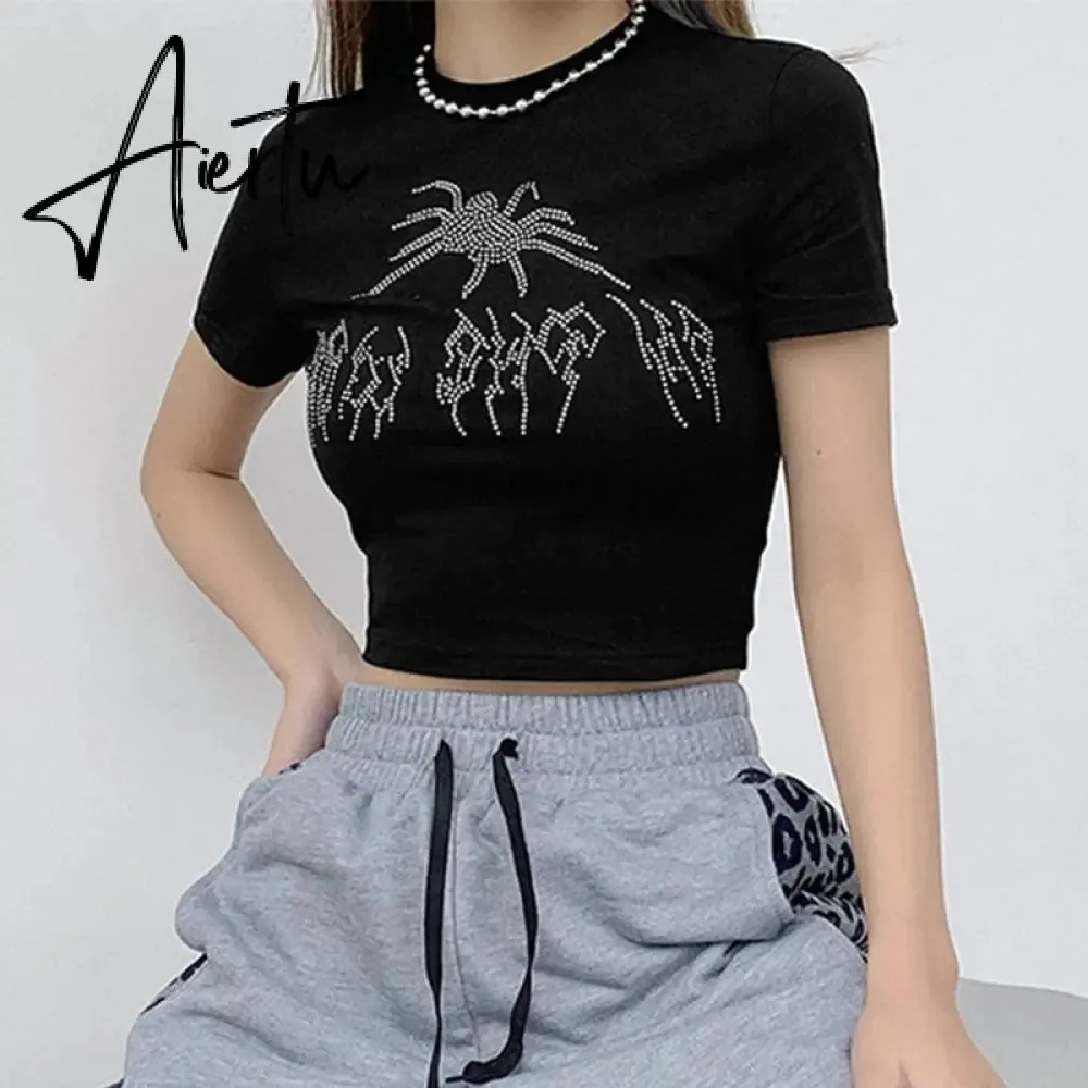 Summer Tank Tops Punk Vintage Rhinestone Spider Graphic Black Vest Gothic Style O-neck Short Sleeve Crop Top Women Slim Tanks