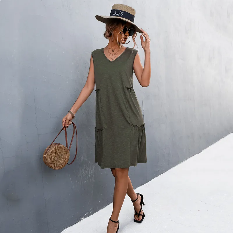 Summer Women V-neck Sleeveless Ruched Solid Color Tank Top Dress