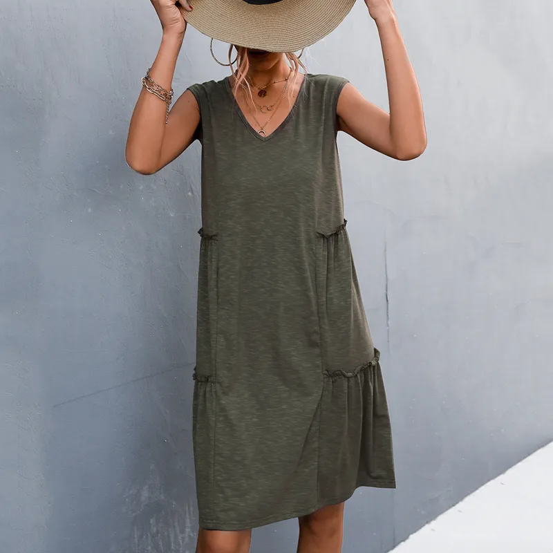 Summer Women V-neck Sleeveless Ruched Solid Color Tank Top Dress