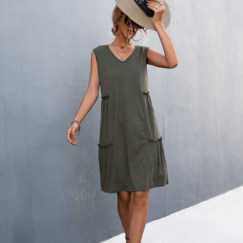 Summer Women V-neck Sleeveless Ruched Solid Color Tank Top Dress