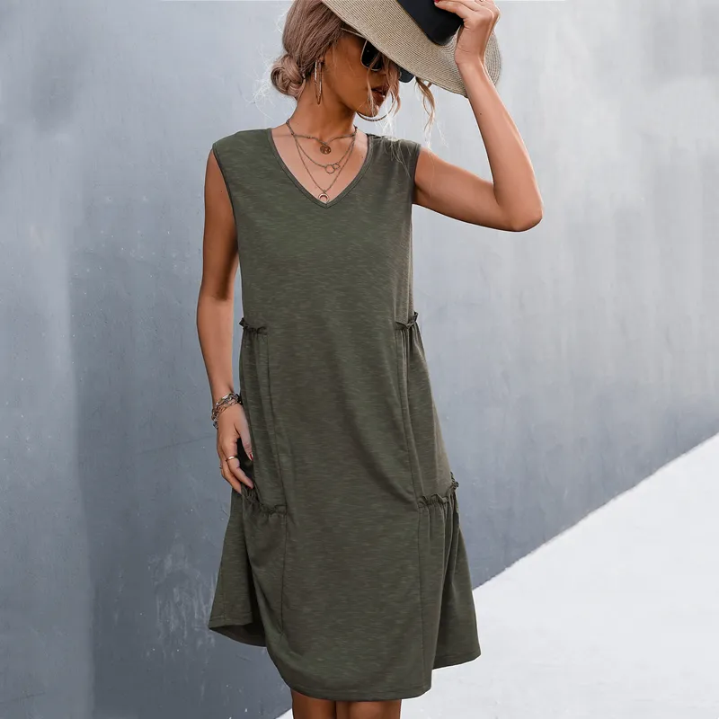 Summer Women V-neck Sleeveless Ruched Solid Color Tank Top Dress