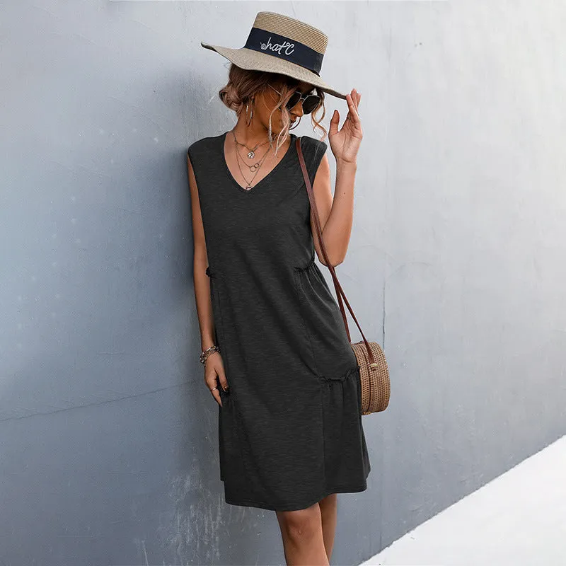 Summer Women V-neck Sleeveless Ruched Solid Color Tank Top Dress