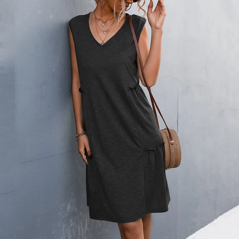 Summer Women V-neck Sleeveless Ruched Solid Color Tank Top Dress