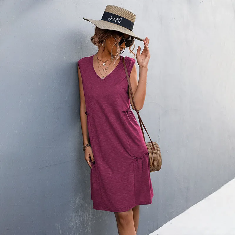 Summer Women V-neck Sleeveless Ruched Solid Color Tank Top Dress