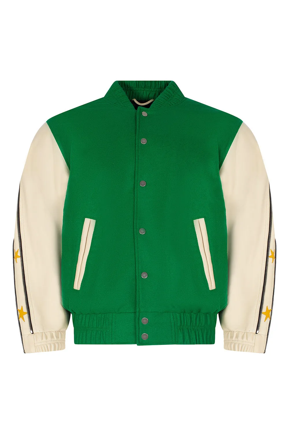 SUNSET RODEO LEATHER VARSITY JACKET-GREEN/CREAM