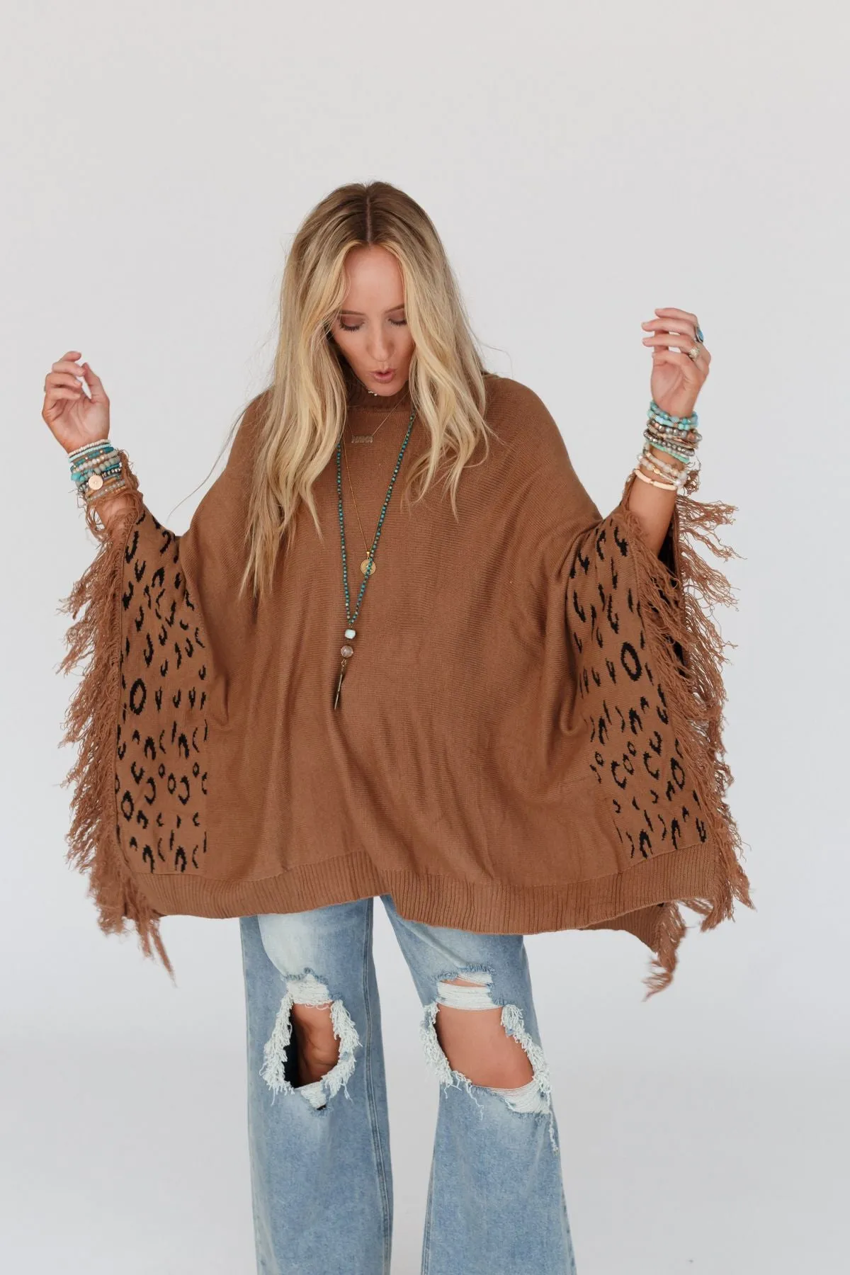 Tate Animal Print Poncho - Camel