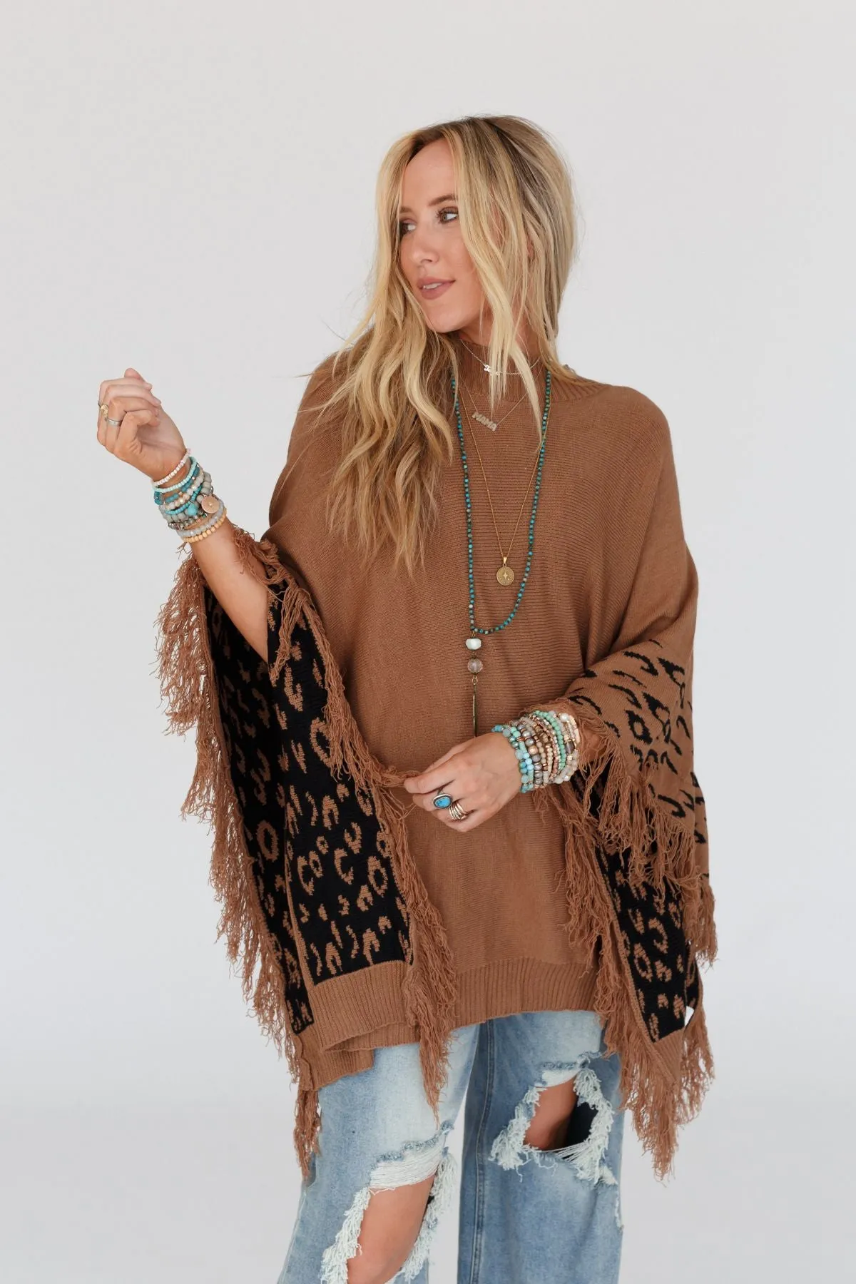 Tate Animal Print Poncho - Camel