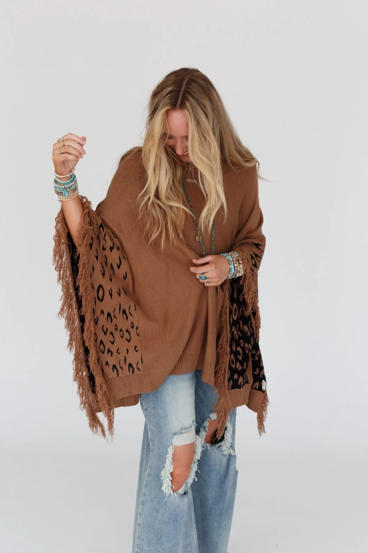 Tate Animal Print Poncho - Camel