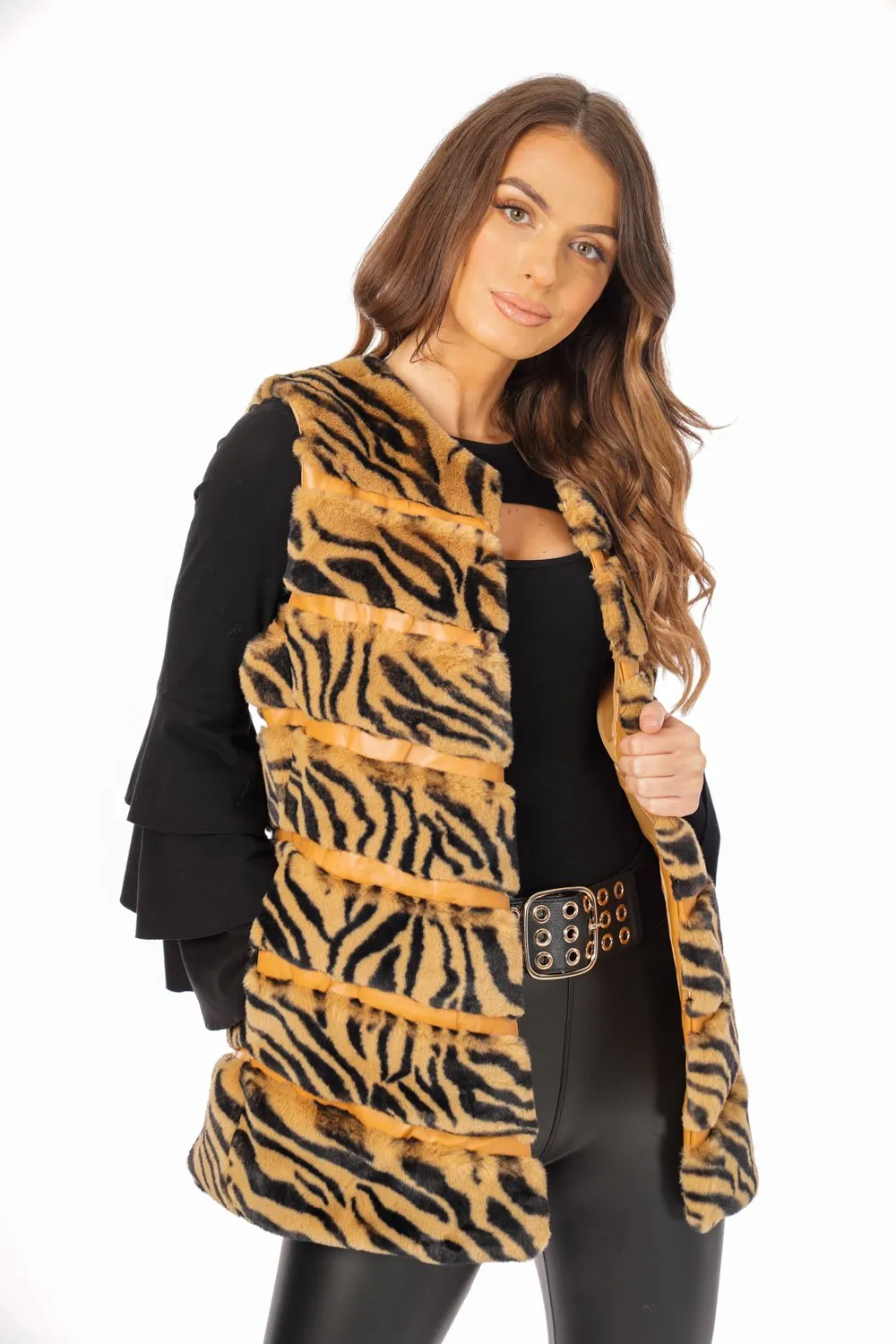 Tiger Print Chevron Soft Faux Fur Leather Panel Gilet