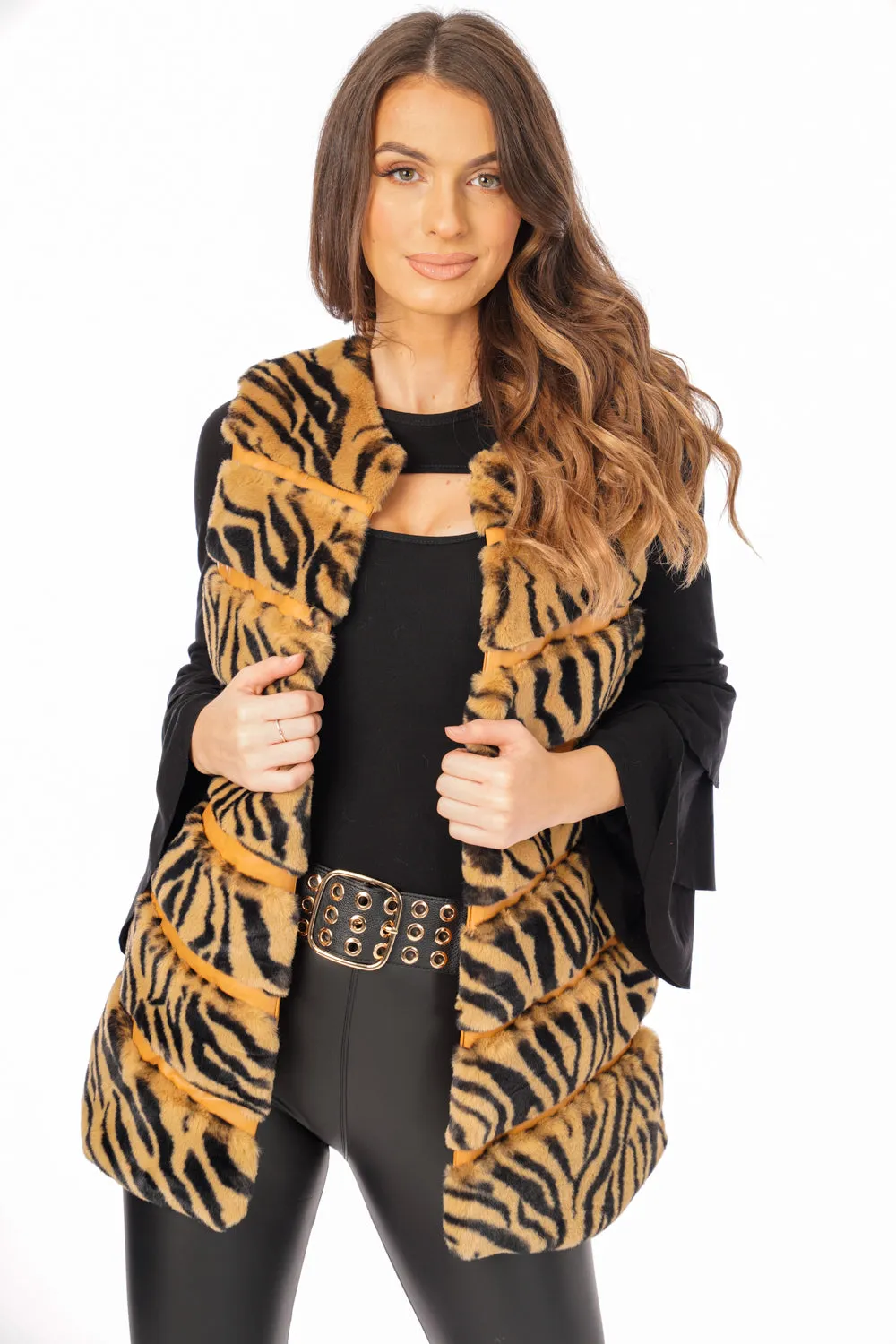 Tiger Print Chevron Soft Faux Fur Leather Panel Gilet