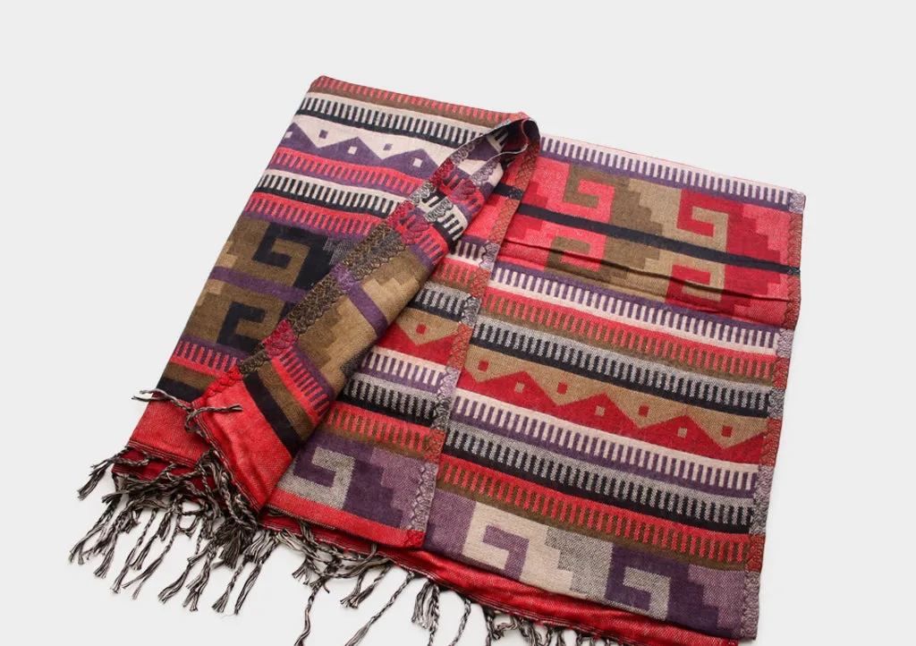 Traditional Purple and Red Printed Himalayan Yak Wool Shawl