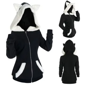 Unisex Long Sleeve Hoodies women Plus Size Fleece Oversize Hoodie With Cat Ears Warm Oodies Insert Zip Up Hoodie Sweatshirt