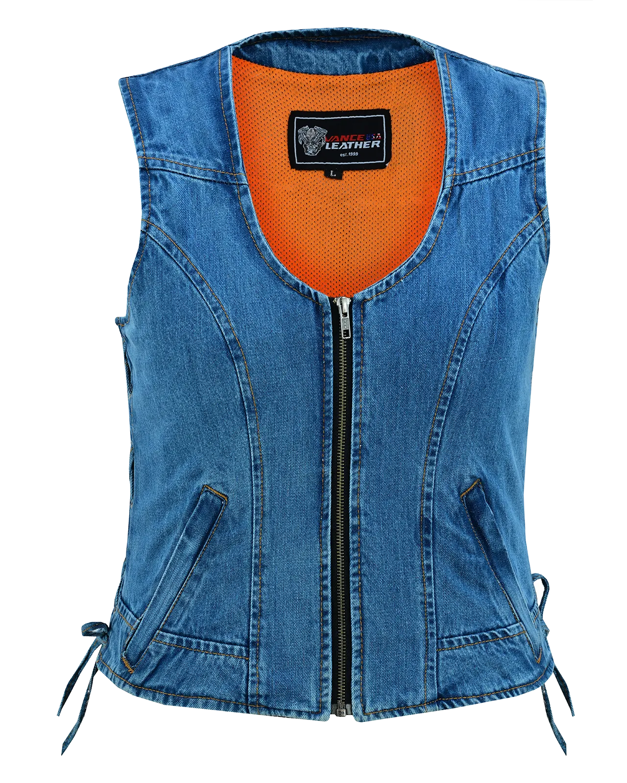 VB1042 Women's Blue Denim V Neck Vest with Zipper & side laces