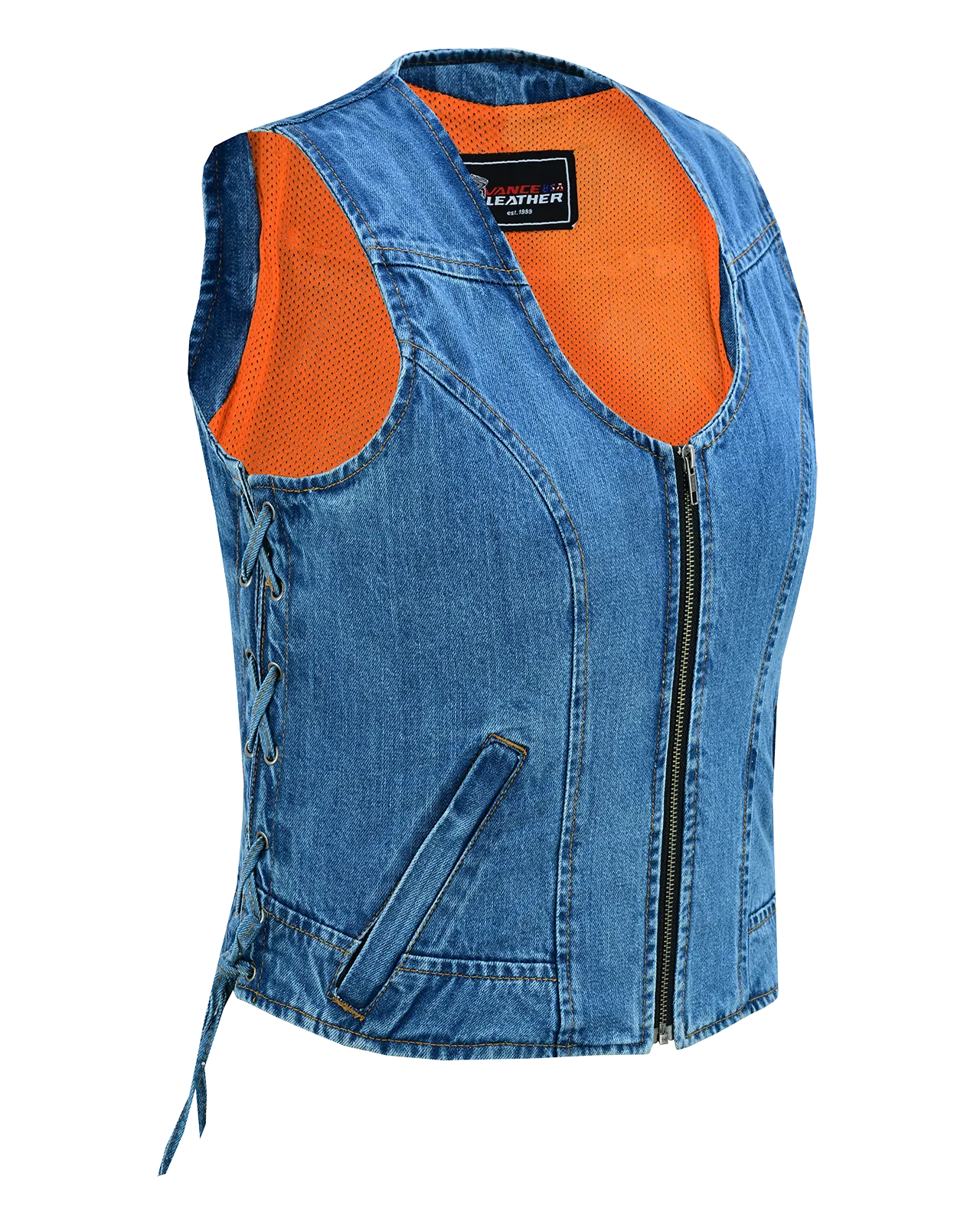 VB1042 Women's Blue Denim V Neck Vest with Zipper & side laces