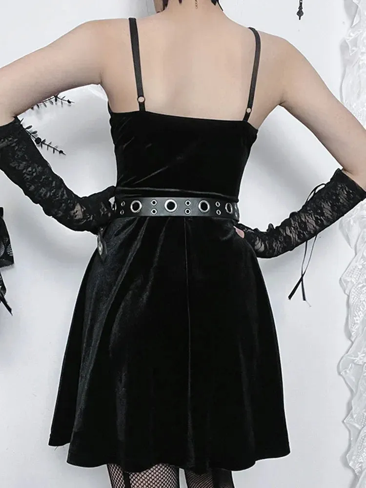 Velvet Sleeveless Goth Bodycon Neck Mini Cami Punk Draped A-Hem Spaghetti V Vintage Strap Outfit