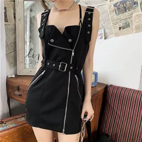 VenusFox Black Punk Mall Goth Mini Dress Women E-girl Dark Aesthetic Cyber Y2K Dress Fairy Grunge Emo Alternative Clothes Korean Fashion