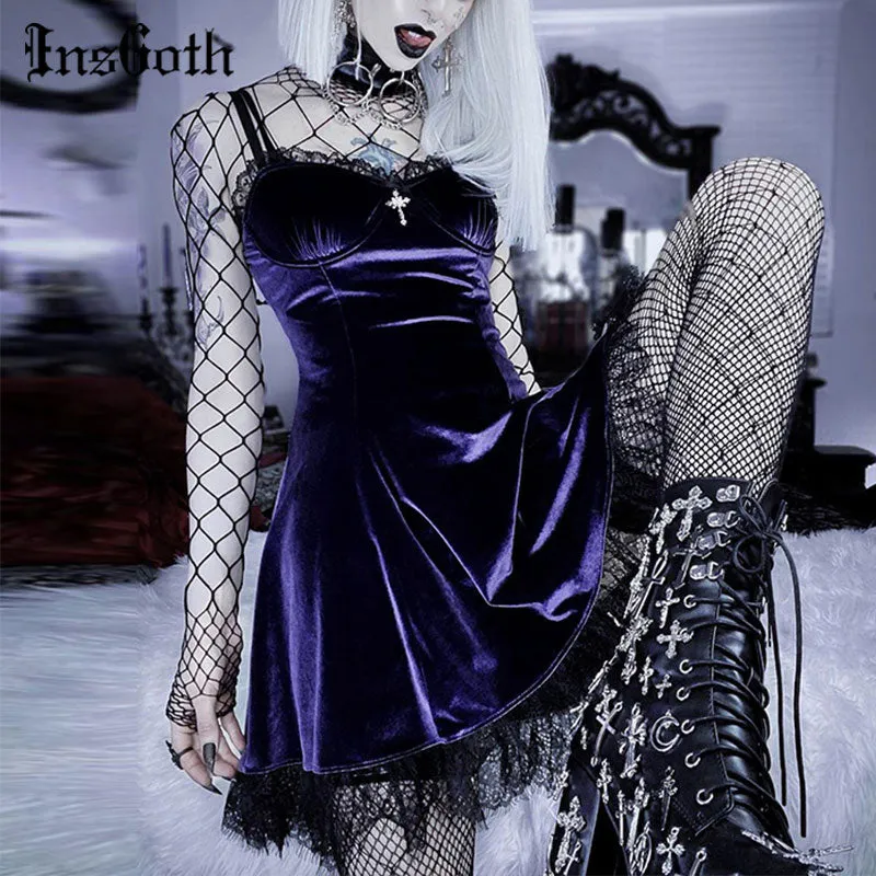 VenusFox Goth Cross Sexy Purple Dress Vintage Velvet A Line Lolita Dress Aesthetic Gothic High Waist Ladies Club Party Dresses