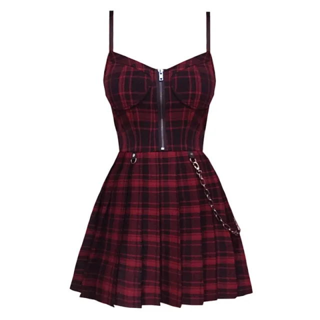 VenusFox Gothic Girls Plaid Pleated Punk Dress Preppy Style Red Black Spaghetti Strap Sexy Sleeveless Mini Short Dresses Goth Streetwear