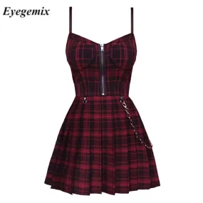 VenusFox Gothic Girls Plaid Pleated Punk Dress Preppy Style Red Black Spaghetti Strap Sexy Sleeveless Mini Short Dresses Goth Streetwear