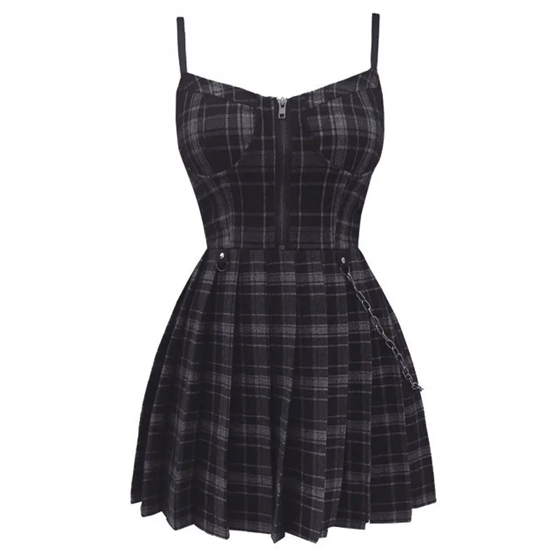 VenusFox Gothic Girls Plaid Pleated Punk Dress Preppy Style Red Black Spaghetti Strap Sexy Sleeveless Mini Short Dresses Goth Streetwear