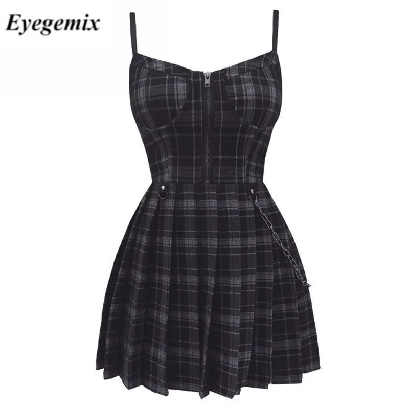 VenusFox Gothic Girls Plaid Pleated Punk Dress Preppy Style Red Black Spaghetti Strap Sexy Sleeveless Mini Short Dresses Goth Streetwear