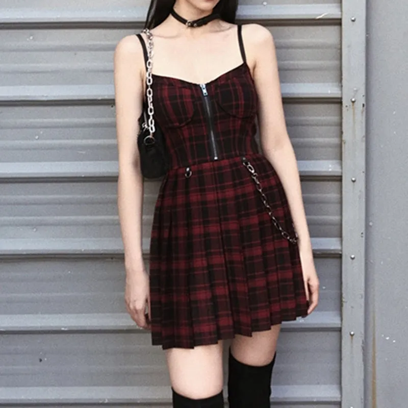 VenusFox Gothic Girls Plaid Pleated Punk Dress Preppy Style Red Black Spaghetti Strap Sexy Sleeveless Mini Short Dresses Goth Streetwear