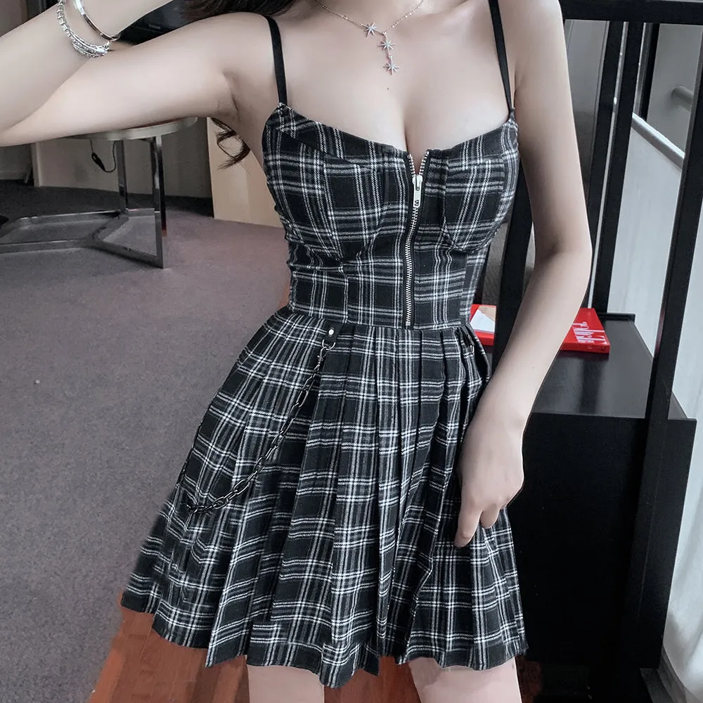 VenusFox Gothic Girls Plaid Pleated Punk Dress Preppy Style Red Black Spaghetti Strap Sexy Sleeveless Mini Short Dresses Goth Streetwear