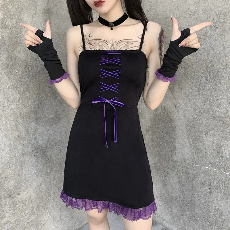 VenusFox Gothic Lace Hem Mini Dress Spaghetti Strap Emo E-girl Backless Punk Vintage Lace-up Sexy Harajuku Aesthetic Goth Summer Dresses