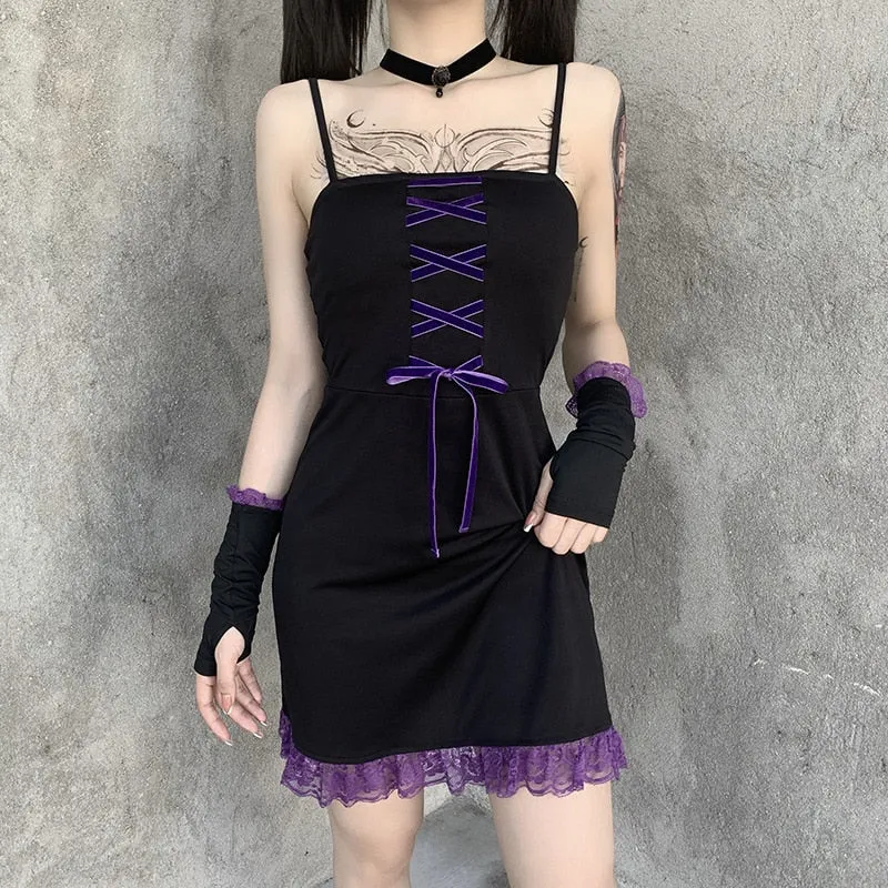 VenusFox Gothic Lace Hem Mini Dress Spaghetti Strap Emo E-girl Backless Punk Vintage Lace-up Sexy Harajuku Aesthetic Goth Summer Dresses