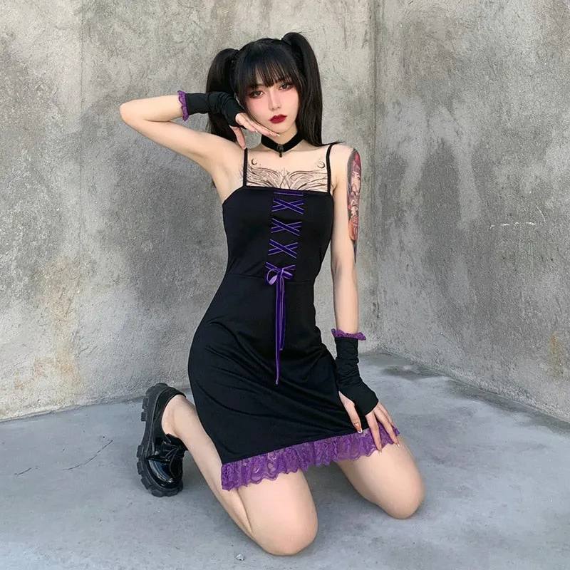 VenusFox Gothic Lace Hem Mini Dress Spaghetti Strap Emo E-girl Backless Punk Vintage Lace-up Sexy Harajuku Aesthetic Goth Summer Dresses