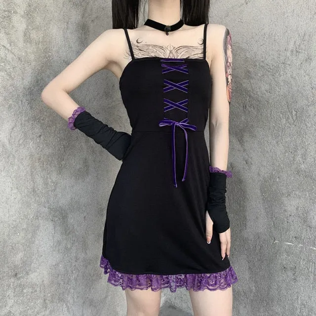 VenusFox Gothic Lace Hem Mini Dress Spaghetti Strap Emo E-girl Backless Punk Vintage Lace-up Sexy Harajuku Aesthetic Goth Summer Dresses