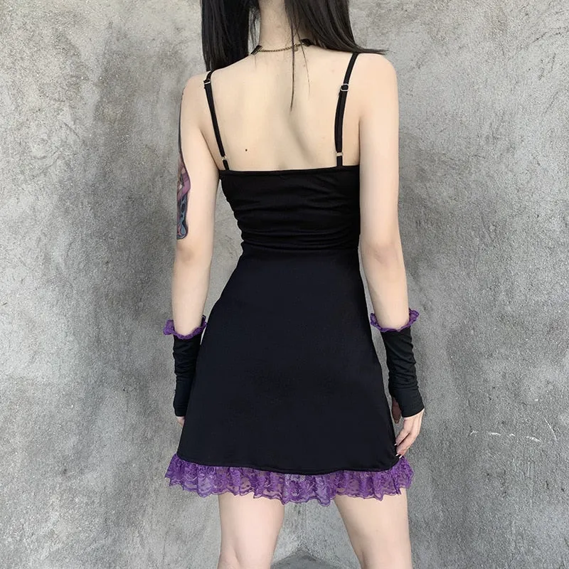 VenusFox Gothic Lace Hem Mini Dress Spaghetti Strap Emo E-girl Backless Punk Vintage Lace-up Sexy Harajuku Aesthetic Goth Summer Dresses