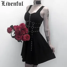 VenusFox Gothic Spaghetti Strap BlackBackless Dress Streetwear Punk Mini Dresses Grunge High Waist Metal Belt A-Line Zipper Goth Clothes