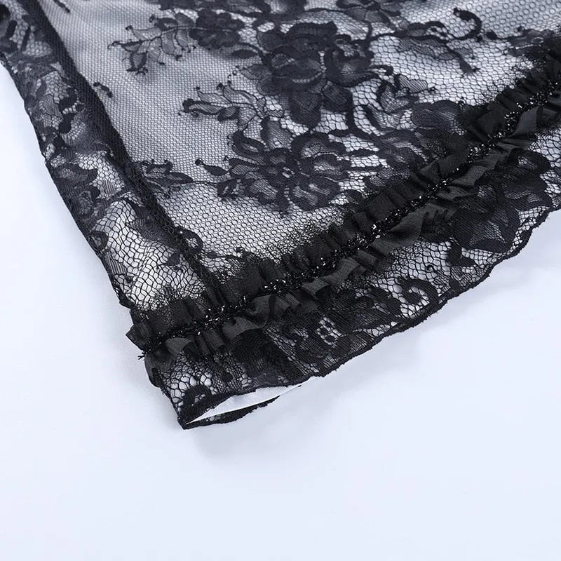 VenusFox Women Summer Goth Punk Black Party Mini Dresses Sexy Dark Gothic Floral Lace Layer Minidress Emo Night Party Wear Robe